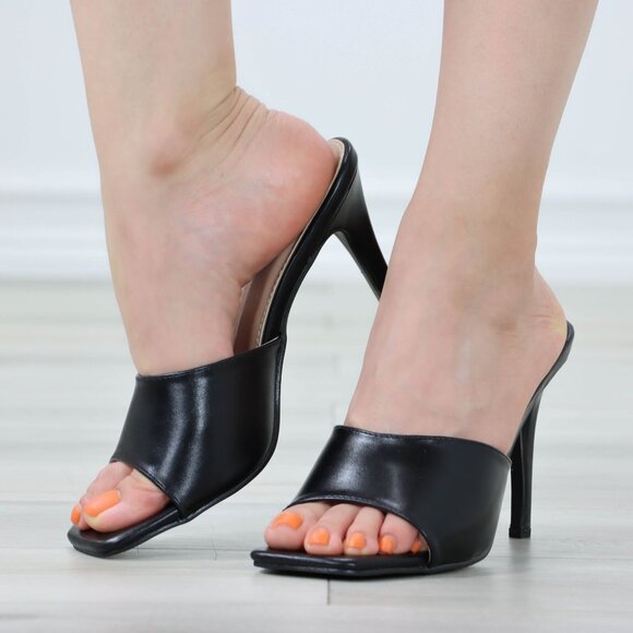 Black High Heel Sandals Square Open Toe Slip On Mules Stiletto's - Picture 3 of 11